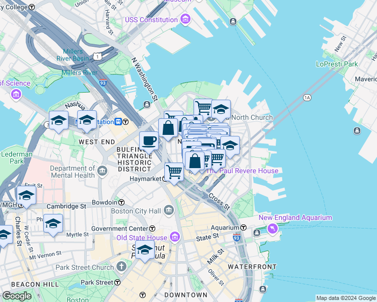 map of restaurants, bars, coffee shops, grocery stores, and more near 21 Cooper Street in Boston