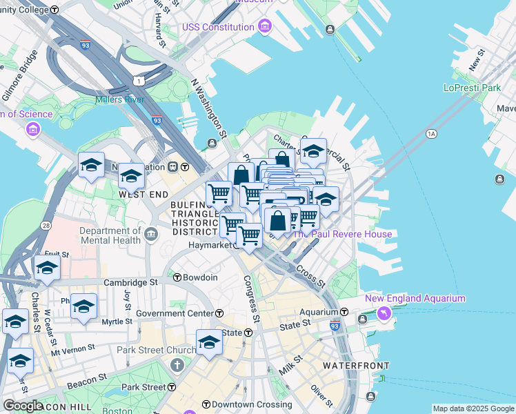 map of restaurants, bars, coffee shops, grocery stores, and more near 21 Cooper Street in Boston