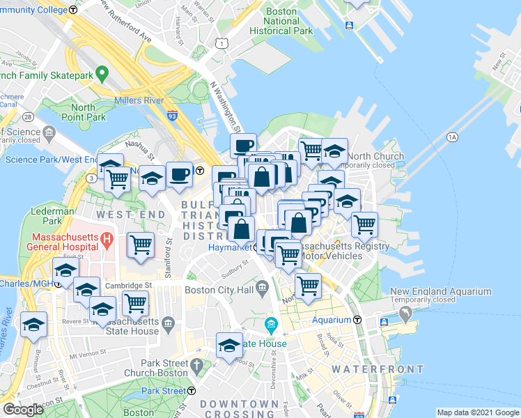 map of restaurants, bars, coffee shops, grocery stores, and more near 49 North Washington Street in Boston