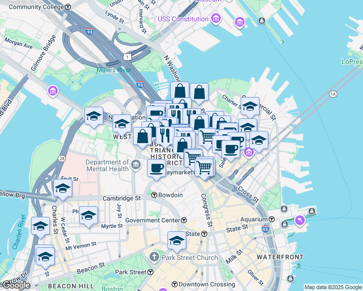 map of restaurants, bars, coffee shops, grocery stores, and more near in Boston