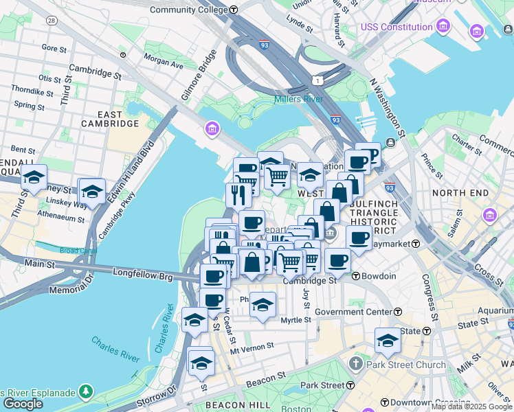 map of restaurants, bars, coffee shops, grocery stores, and more near Emerson Place in Boston
