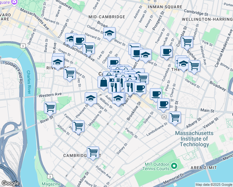 map of restaurants, bars, coffee shops, grocery stores, and more near 296 Green Street in Cambridge