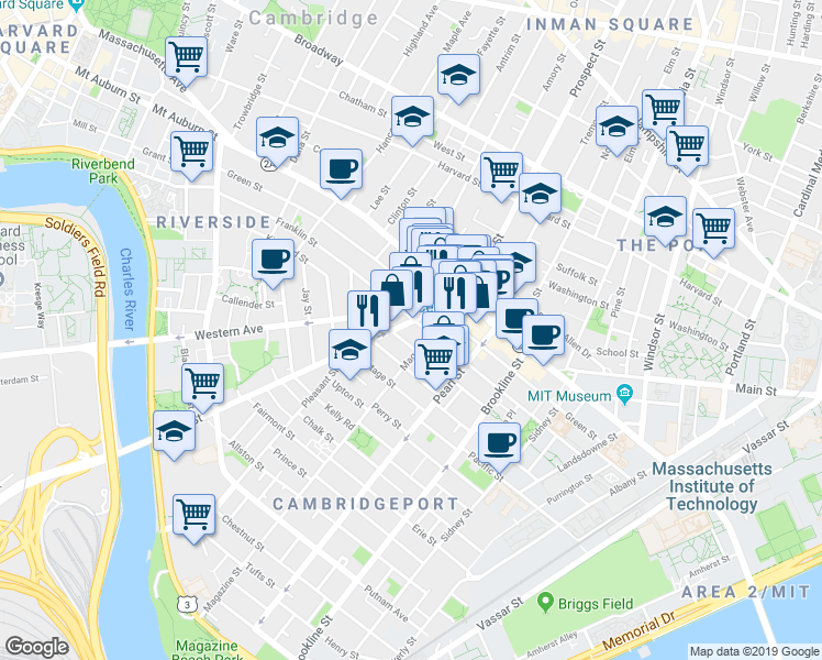 map of restaurants, bars, coffee shops, grocery stores, and more near 199 Auburn Street in Cambridge