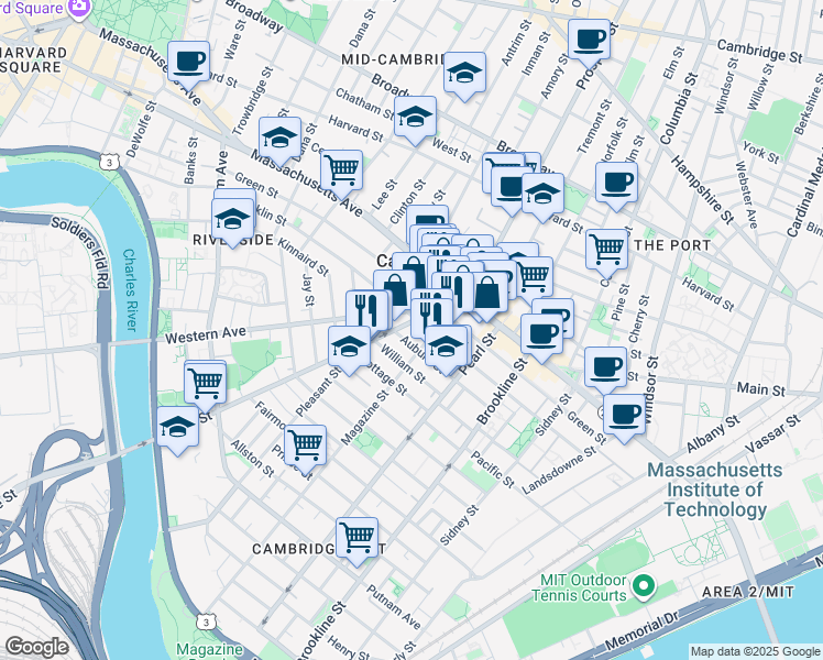 map of restaurants, bars, coffee shops, grocery stores, and more near 199 Auburn Street in Cambridge