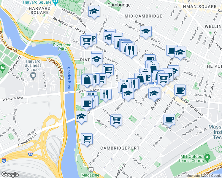 map of restaurants, bars, coffee shops, grocery stores, and more near 22 Howard Street in Cambridge