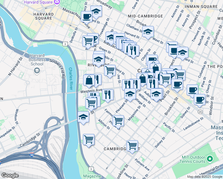 map of restaurants, bars, coffee shops, grocery stores, and more near 22 Howard Street in Cambridge