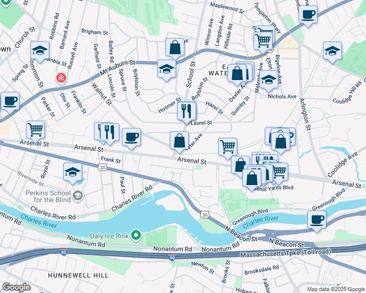 map of restaurants, bars, coffee shops, grocery stores, and more near 201 Dexter Avenue in Watertown