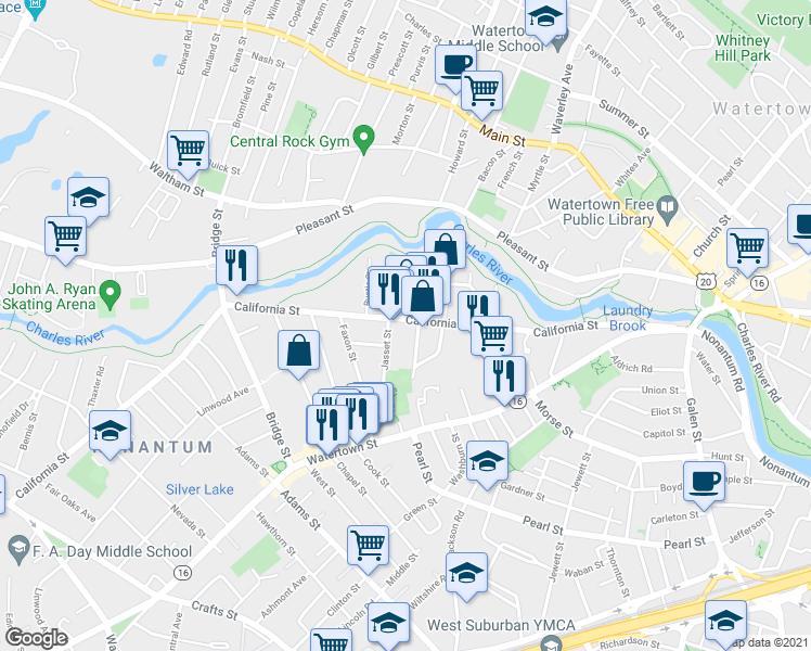 map of restaurants, bars, coffee shops, grocery stores, and more near 226 California Street in Newton