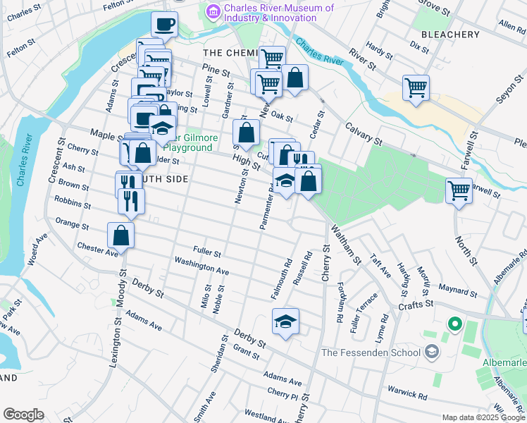 map of restaurants, bars, coffee shops, grocery stores, and more near 266 Ash Street in Waltham