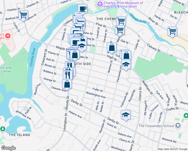 map of restaurants, bars, coffee shops, grocery stores, and more near 174 Brown Street in Waltham