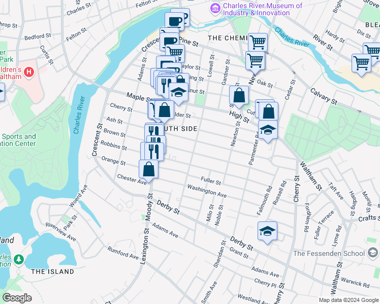 map of restaurants, bars, coffee shops, grocery stores, and more near 174 Brown Street in Waltham