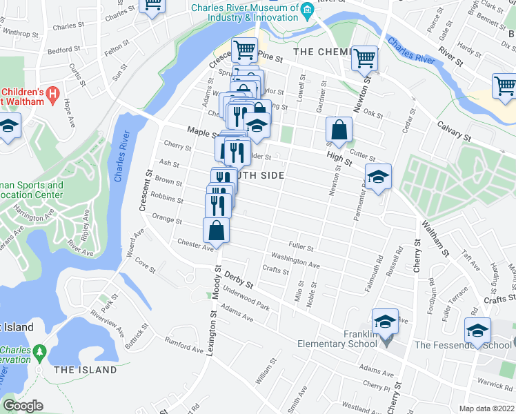 map of restaurants, bars, coffee shops, grocery stores, and more near 147-149 Brown Street in Waltham