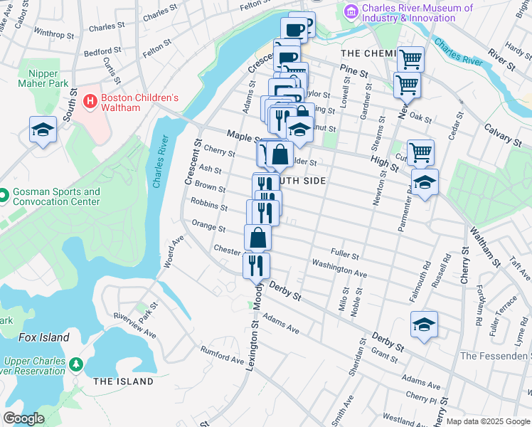 map of restaurants, bars, coffee shops, grocery stores, and more near 116 Robbins Street in Waltham
