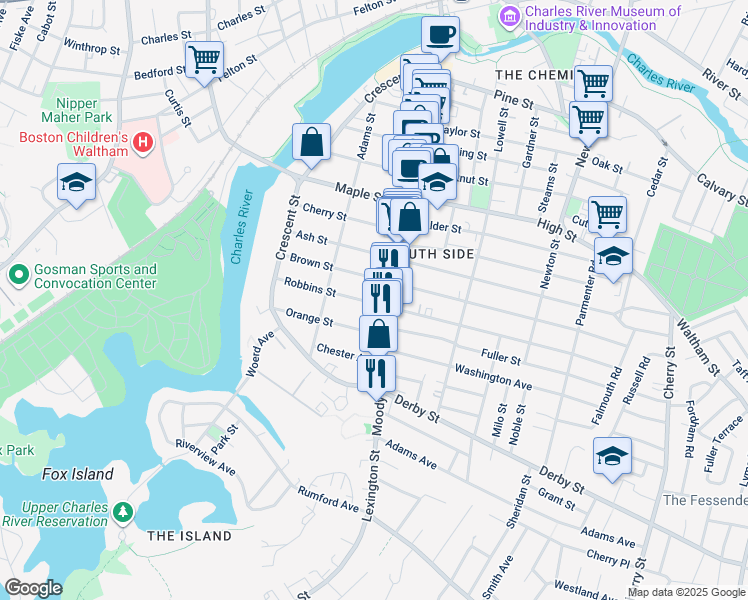 map of restaurants, bars, coffee shops, grocery stores, and more near 85 Robbins Street in Waltham