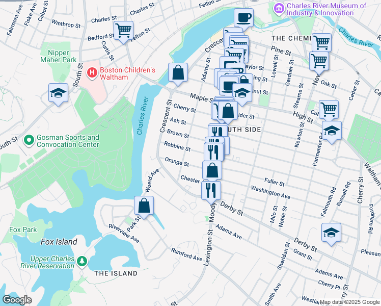 map of restaurants, bars, coffee shops, grocery stores, and more near 55 Robbins Street in Waltham