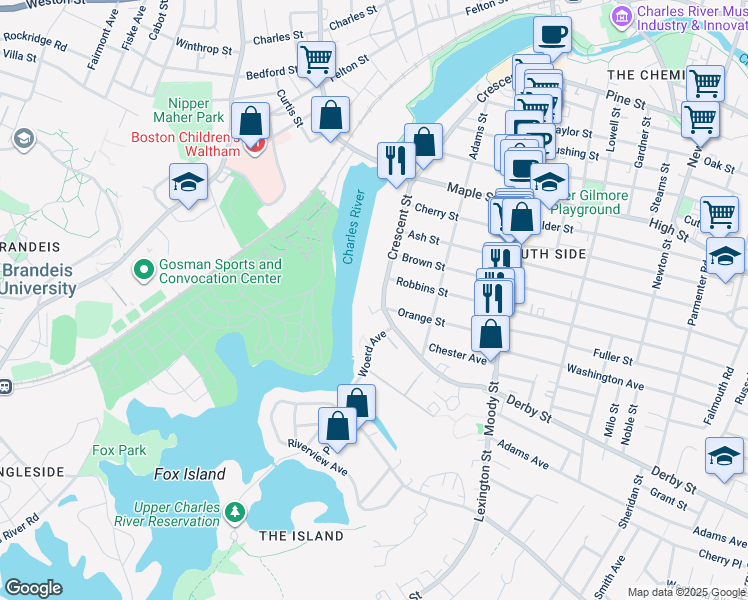 map of restaurants, bars, coffee shops, grocery stores, and more near 285 Crescent Street in Waltham