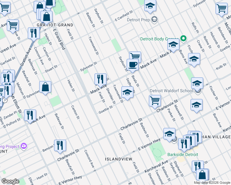 map of restaurants, bars, coffee shops, grocery stores, and more near 3456 Townsend Street in Detroit