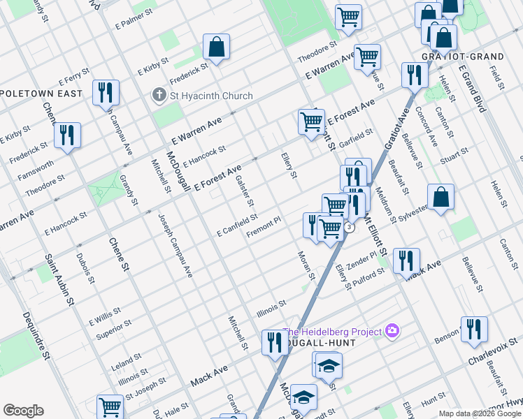 map of restaurants, bars, coffee shops, grocery stores, and more near 3434 East Canfield Street in Detroit