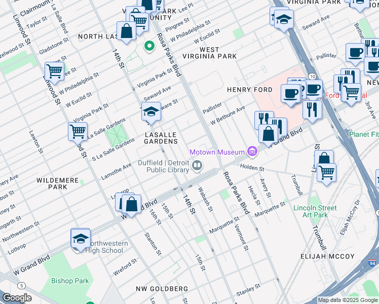 map of restaurants, bars, coffee shops, grocery stores, and more near 7427 Dunedin Street in Detroit