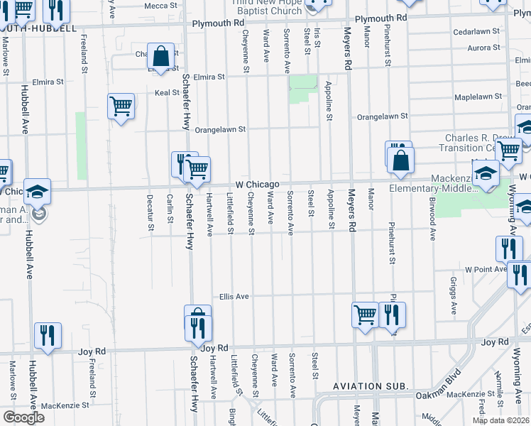 map of restaurants, bars, coffee shops, grocery stores, and more near 9352 Cheyenne Street in Detroit