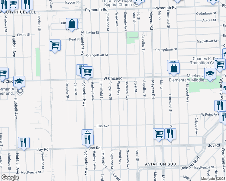 map of restaurants, bars, coffee shops, grocery stores, and more near 9352 Cheyenne Street in Detroit