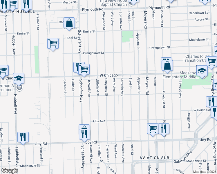 map of restaurants, bars, coffee shops, grocery stores, and more near 9352 Cheyenne Street in Detroit