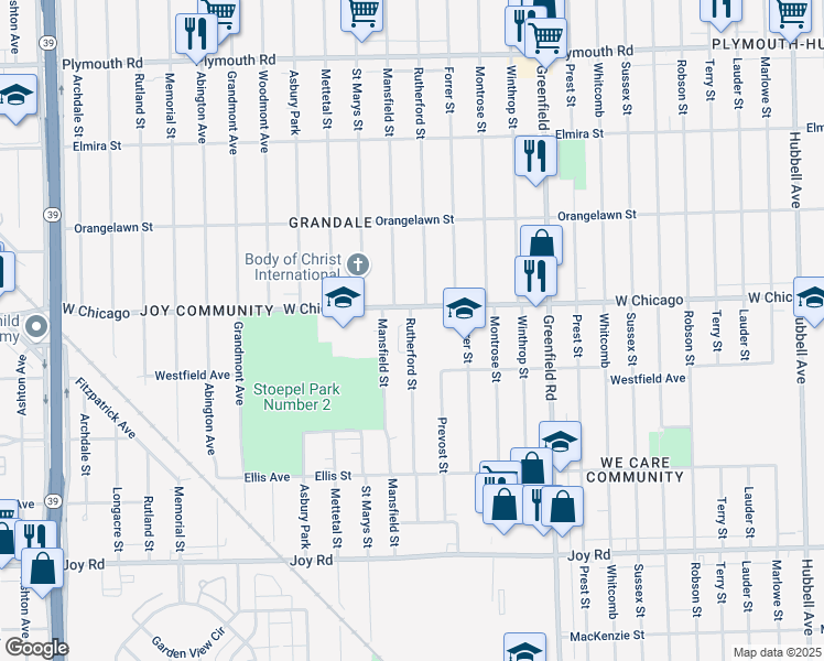 map of restaurants, bars, coffee shops, grocery stores, and more near 9358 Rutherford Street in Detroit