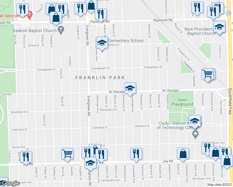 map of restaurants, bars, coffee shops, grocery stores, and more near 19439 West Chicago in Detroit