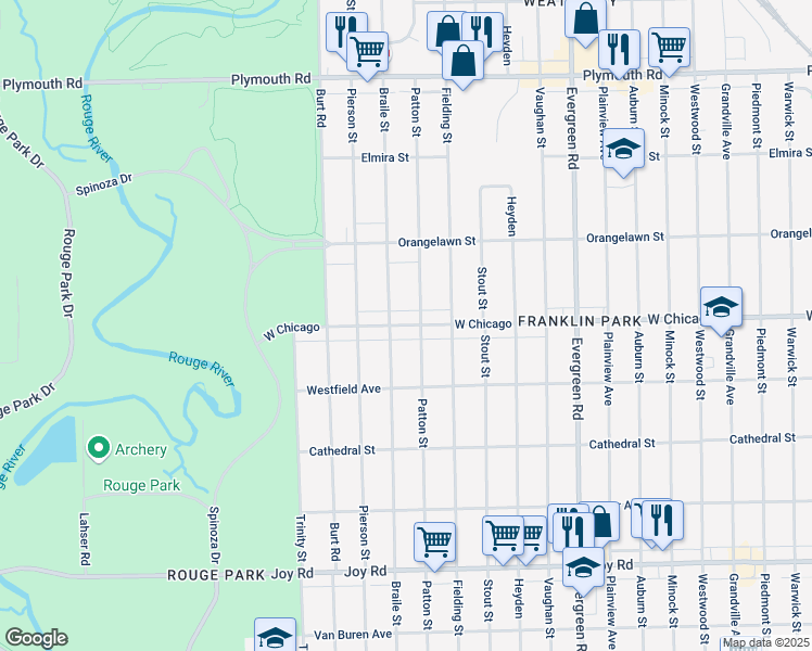 map of restaurants, bars, coffee shops, grocery stores, and more near 20611 West Chicago in Detroit