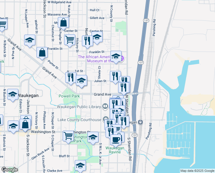 map of restaurants, bars, coffee shops, grocery stores, and more near 319 North County Street in Waukegan