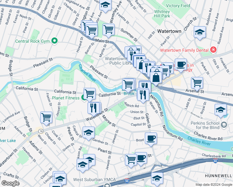 map of restaurants, bars, coffee shops, grocery stores, and more near 54 California Street in Watertown