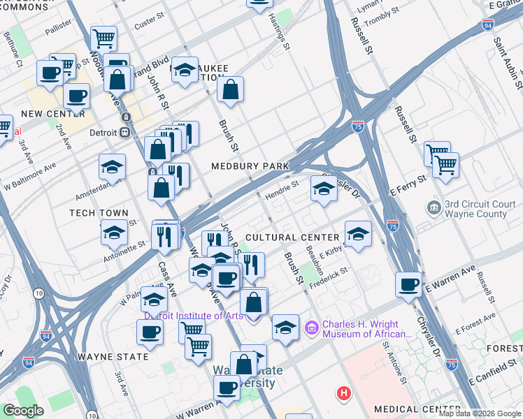 map of restaurants, bars, coffee shops, grocery stores, and more near 324 Hendrie Street in Detroit