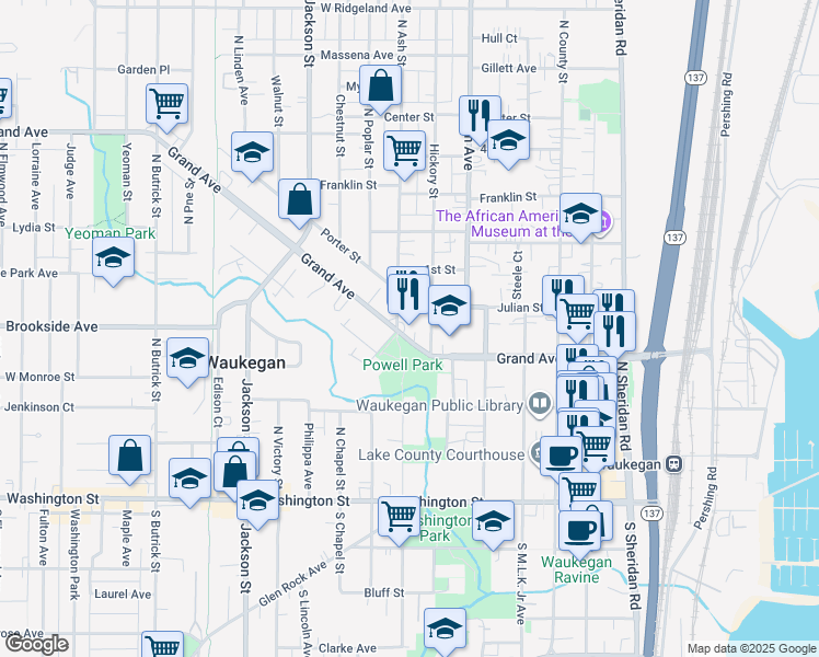 map of restaurants, bars, coffee shops, grocery stores, and more near 624 Grand Avenue in Waukegan
