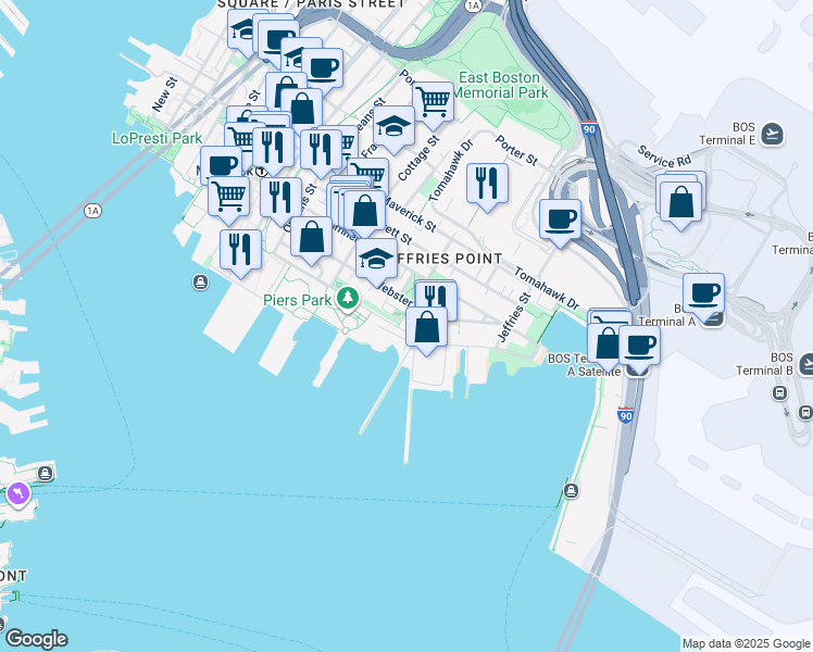 map of restaurants, bars, coffee shops, grocery stores, and more near 214 Marginal Street in Boston