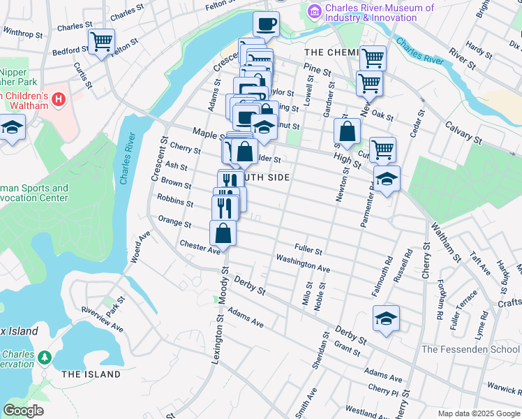 map of restaurants, bars, coffee shops, grocery stores, and more near 145 Brown Street in Waltham