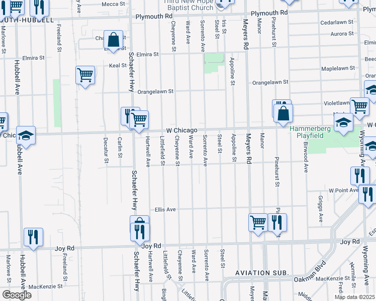 map of restaurants, bars, coffee shops, grocery stores, and more near 9352 Cheyenne Street in Detroit