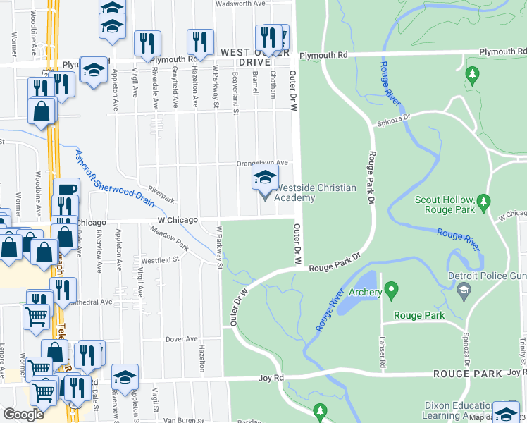 map of restaurants, bars, coffee shops, grocery stores, and more near 22542 West Chicago Street in Redford Charter Township
