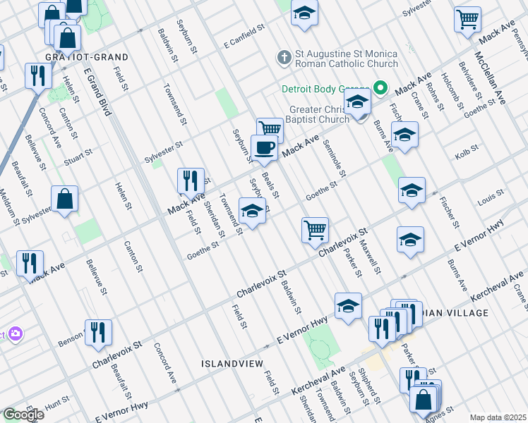 map of restaurants, bars, coffee shops, grocery stores, and more near 3423 Seyburn Street in Detroit