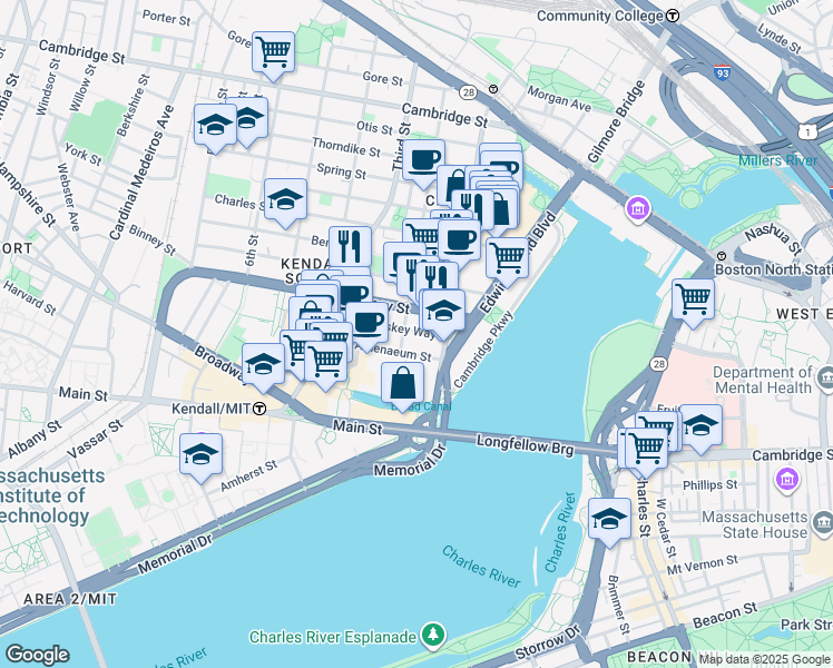 map of restaurants, bars, coffee shops, grocery stores, and more near 215 First Street in Cambridge