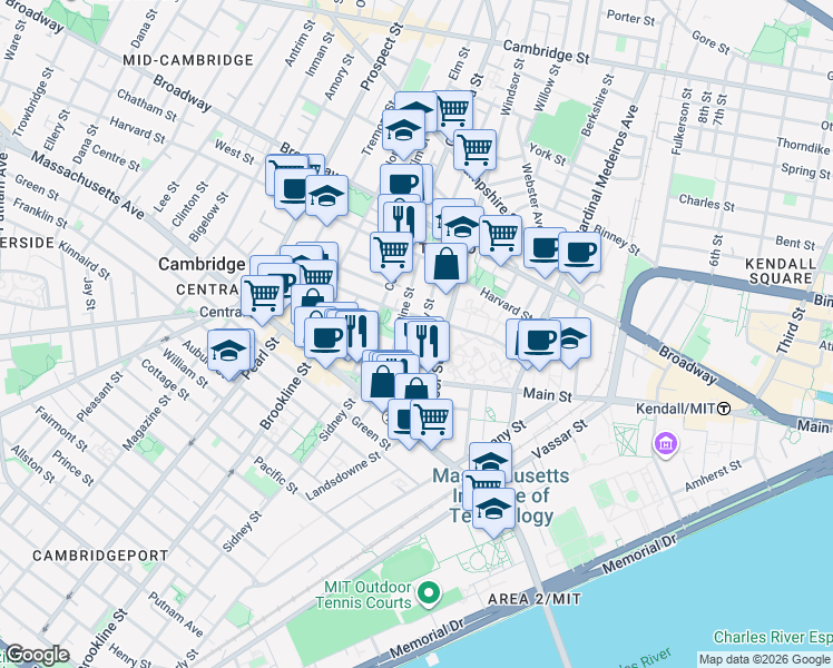 map of restaurants, bars, coffee shops, grocery stores, and more near 71 Cherry Street in Cambridge