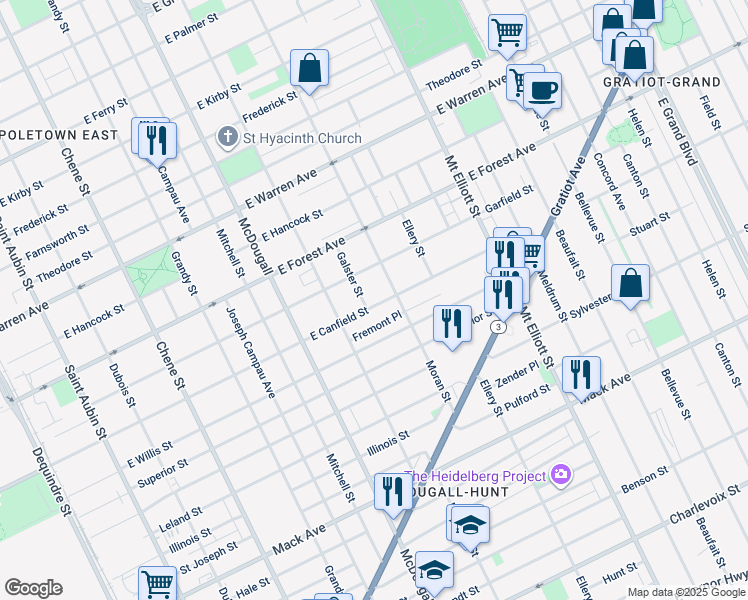 map of restaurants, bars, coffee shops, grocery stores, and more near 3434 East Canfield Street in Detroit