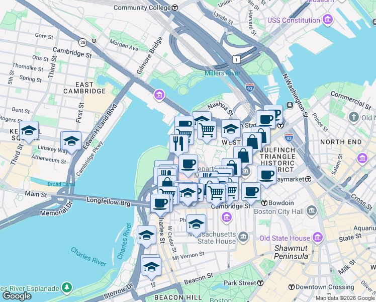 map of restaurants, bars, coffee shops, grocery stores, and more near 4 Emerson Place in Boston