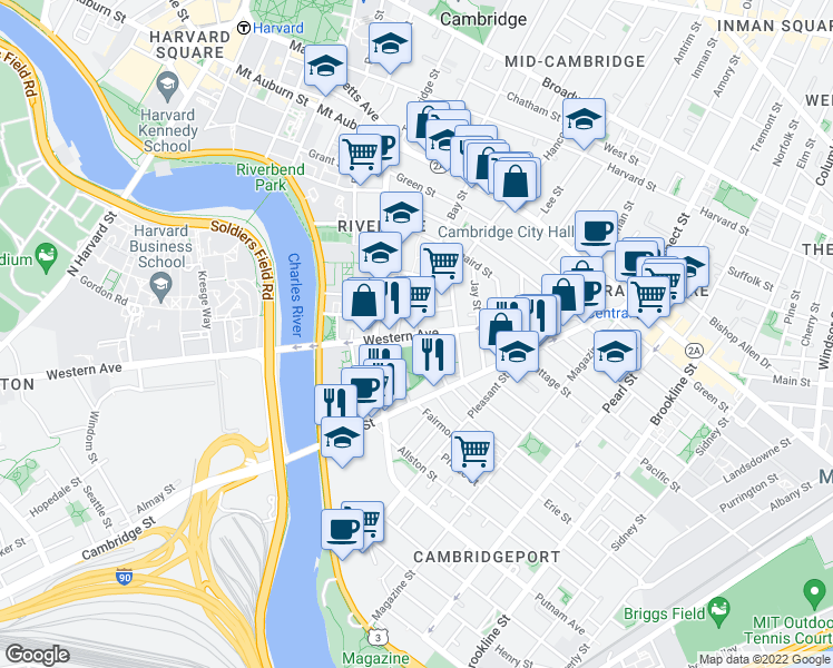 map of restaurants, bars, coffee shops, grocery stores, and more near Western Ave & Dodge St in Cambridge