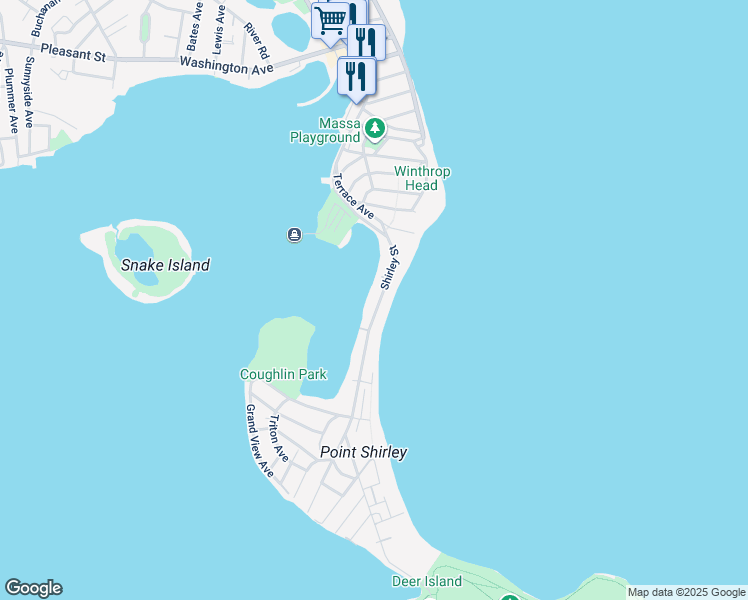 map of restaurants, bars, coffee shops, grocery stores, and more near 825 Shirley Street in Winthrop