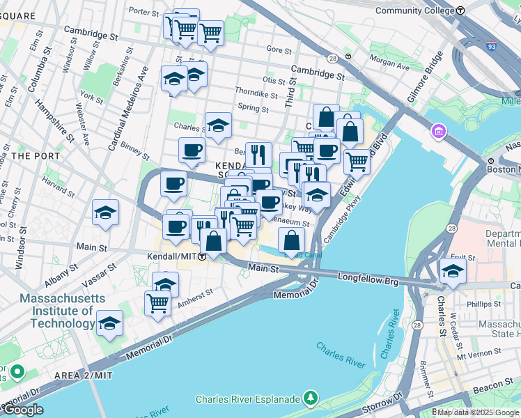 map of restaurants, bars, coffee shops, grocery stores, and more near 675 East Kendall Street in Cambridge