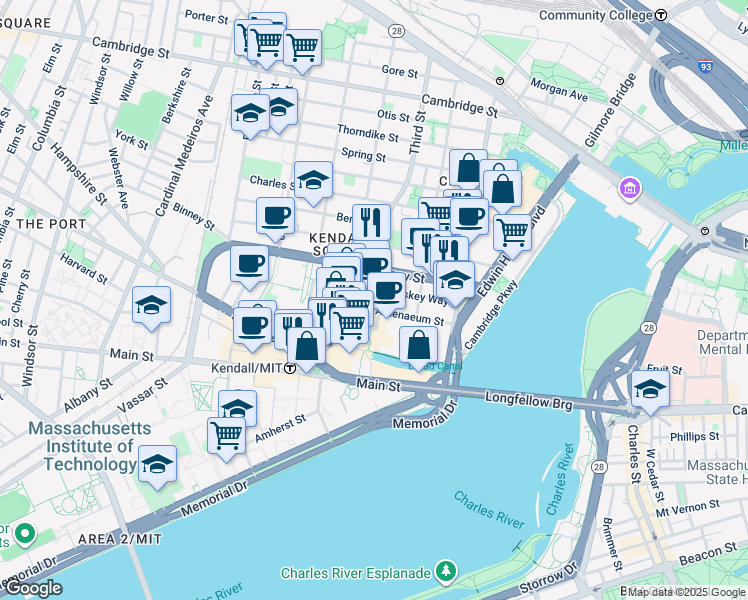 map of restaurants, bars, coffee shops, grocery stores, and more near 675 East Kendall Street in Cambridge