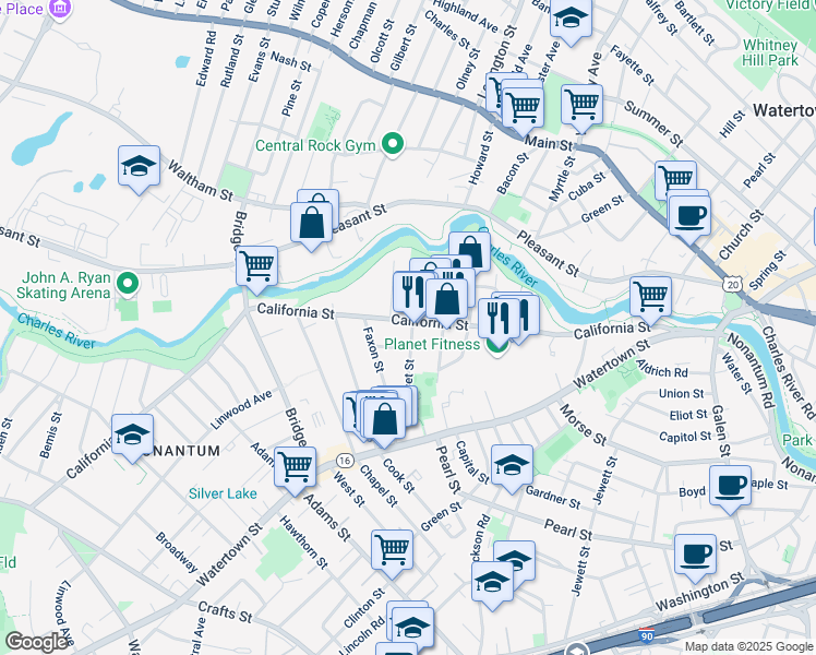 map of restaurants, bars, coffee shops, grocery stores, and more near 226 California Street in Newton