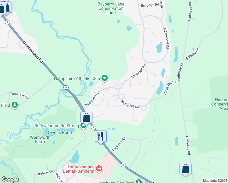 map of restaurants, bars, coffee shops, grocery stores, and more near 12 Chadwick Court in Amherst