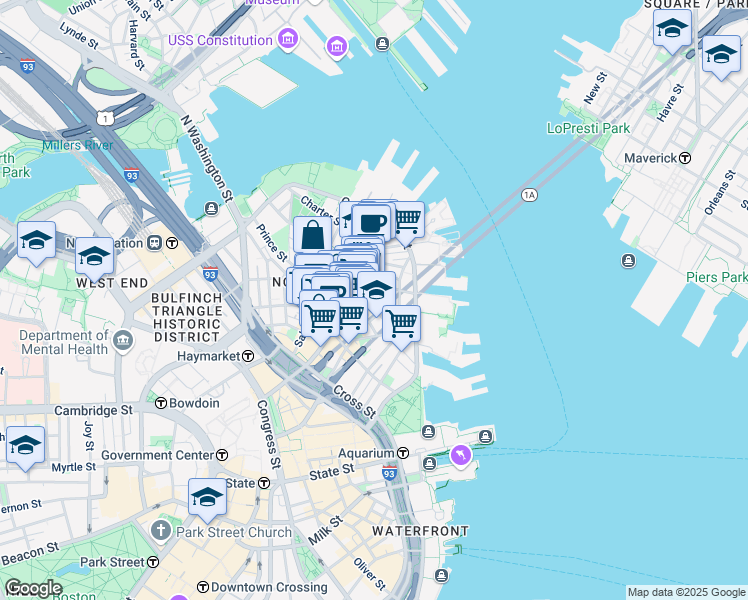 map of restaurants, bars, coffee shops, grocery stores, and more near 15-17 North Square in Boston