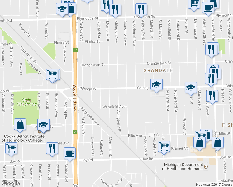 map of restaurants, bars, coffee shops, grocery stores, and more near 9391 Abington Avenue in Detroit